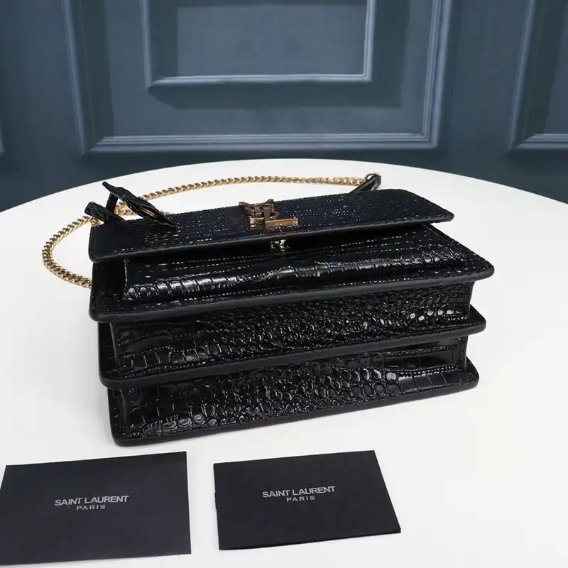 Cheap Saint Laurent Medium Sunset Chain Bag In Crocodile Embossed Leather Black Gold 0125