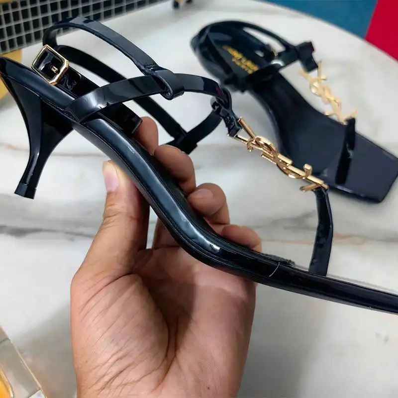 Cheap Saint Laurent Cassandra Kitten Sandals with T-Strap Women Patent Leather Black Gold 0123