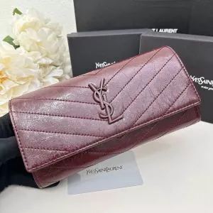 Saint Laurent Large Cassandra Bifold Wallet In Crinkled Matelasse Leather Burgundy 0114