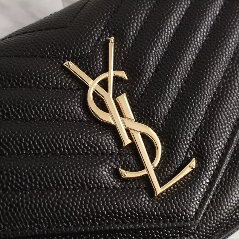 Cheap Saint Laurent Large Monogram Chain Wallet In Grained Matelasse Leather Black Gold 0116