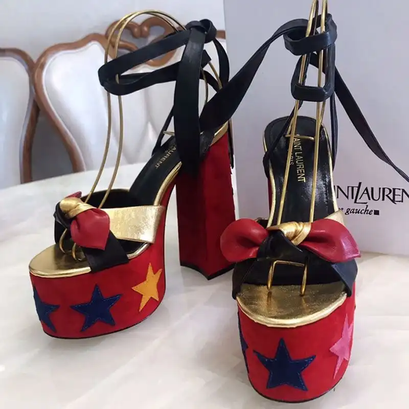 Cheap Saint Laurent Paige Platform Sandals Women Suede With Stars Patchwork Red 0127