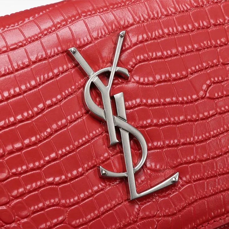 Cheap Saint Laurent Medium Sunset Chain Bag In Crocodile Embossed Leather Red Silver 0113