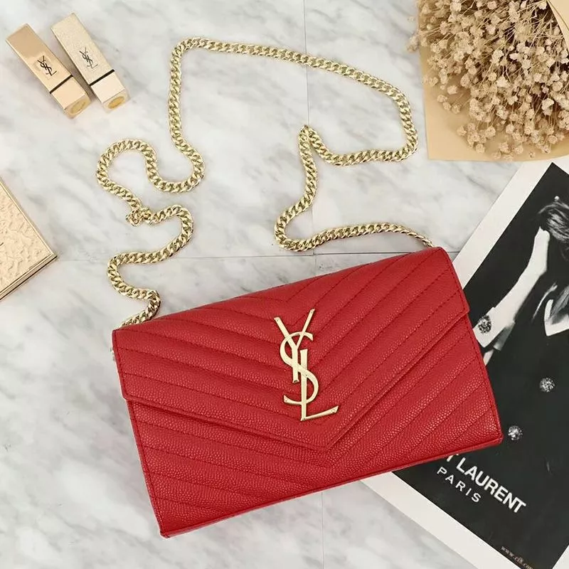 Saint Laurent Large Monogram Chain Wallet In Grained Matelasse Leather Red Gold 0112