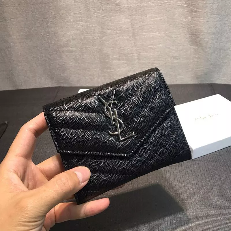 Saint Laurent Small Envelope Trifold Wallet In Grained Matelasse Leather Black Silver 0112