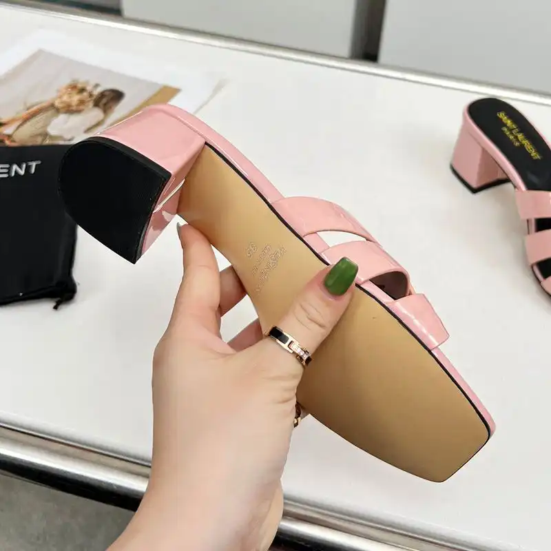 Cheap Saint Laurent Tribute Heeled Slides Women Patent Leather Pink 0126