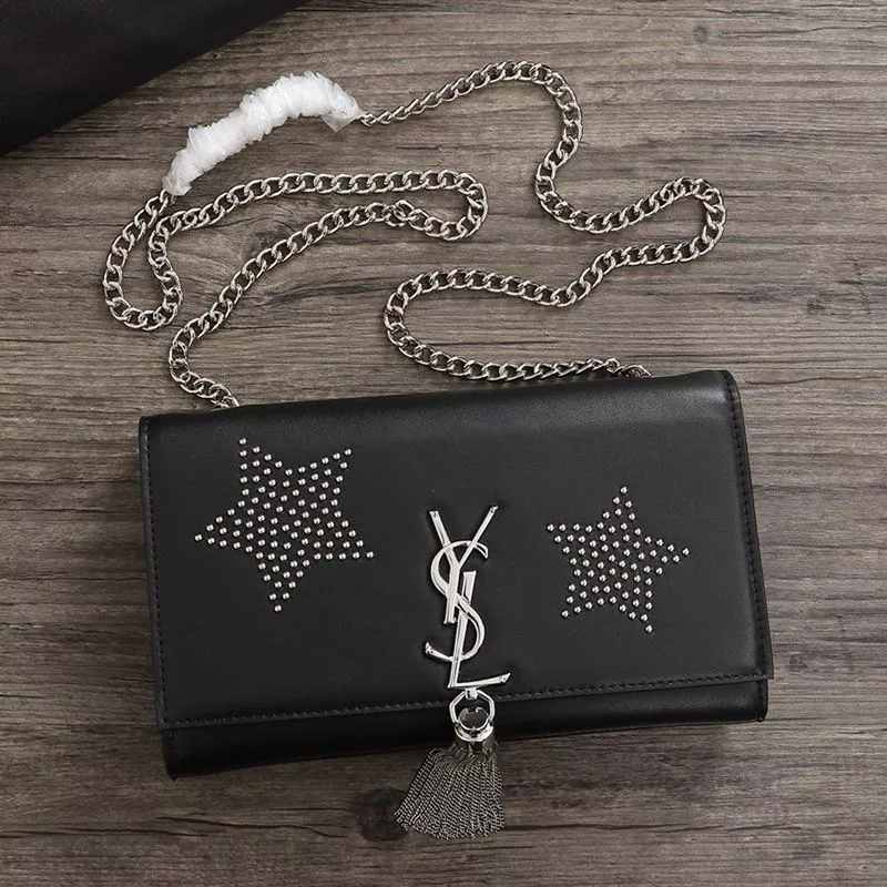 Saint Laurent Medium Kate Chain Bag with Tassel In Star Studded Leather Black Silver 0113