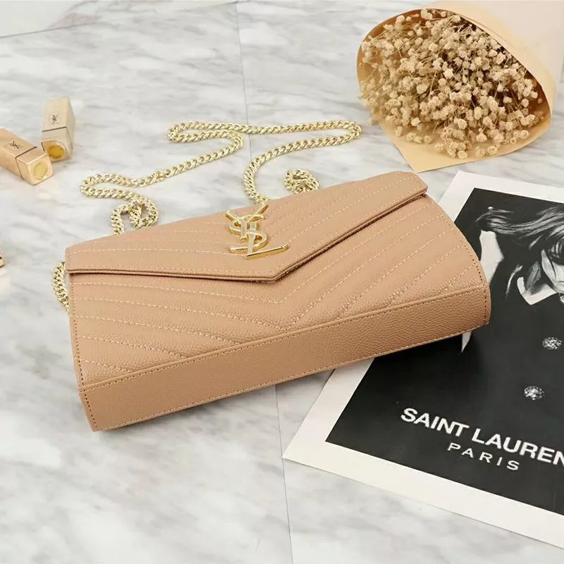 Cheap Saint Laurent Large Monogram Chain Wallet In Grained Matelasse Leather Apricot Gold 0120