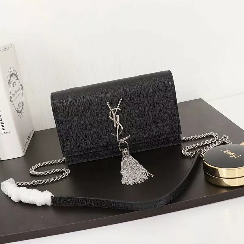 Cheap Saint Laurent Large Kate Chain Wallet with Tassel In Textured Leather Black Silver 0119