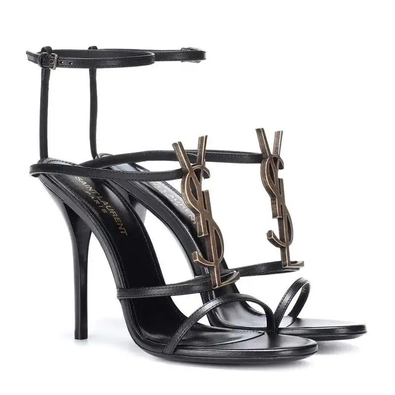 Saint Laurent Cassandra Stiletto Sandals Women Smooth Leather Black Gold 0123