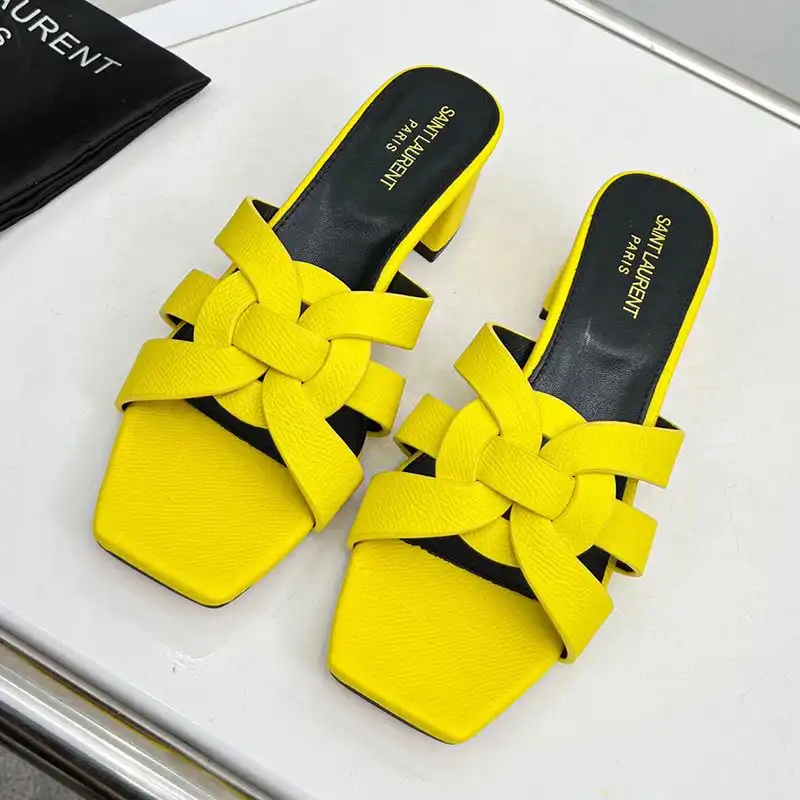 Cheap Saint Laurent Tribute Heeled Slides Women Grained Leather Yellow 0126