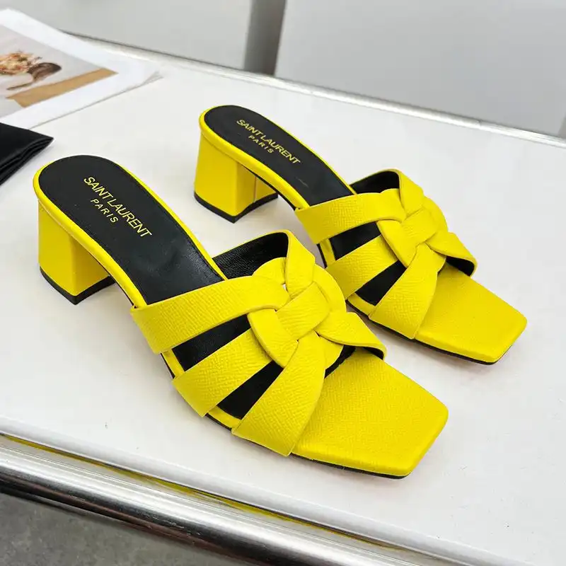 Cheap Saint Laurent Tribute Heeled Slides Women Grained Leather Yellow 0126