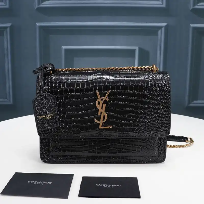 Cheap Saint Laurent Medium Sunset Chain Bag In Crocodile Embossed Leather Black Gold 0125