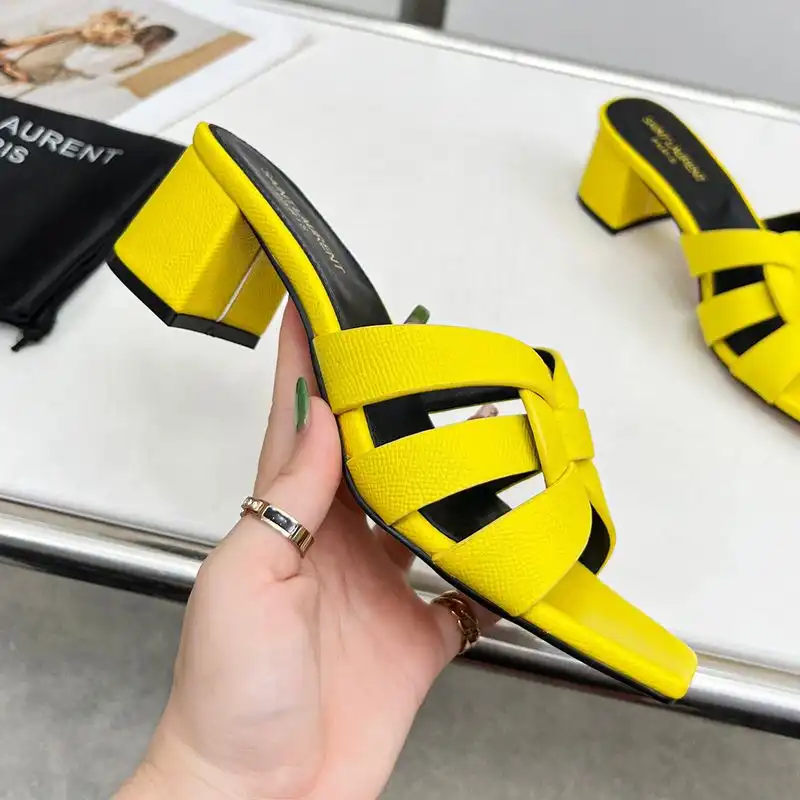 Cheap Saint Laurent Tribute Heeled Slides Women Grained Leather Yellow 0126