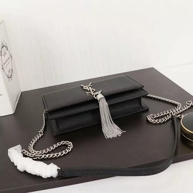 Cheap Saint Laurent Large Kate Chain Wallet with Tassel In Textured Leather Black Silver 0119