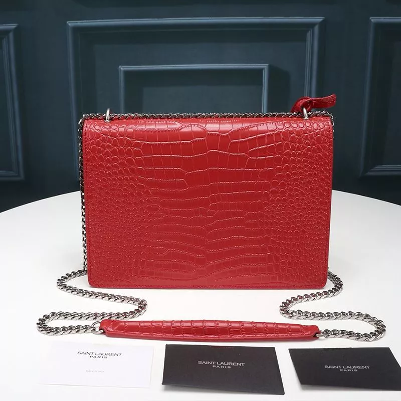 Cheap Saint Laurent Medium Sunset Chain Bag In Crocodile Embossed Leather Red Silver 0113