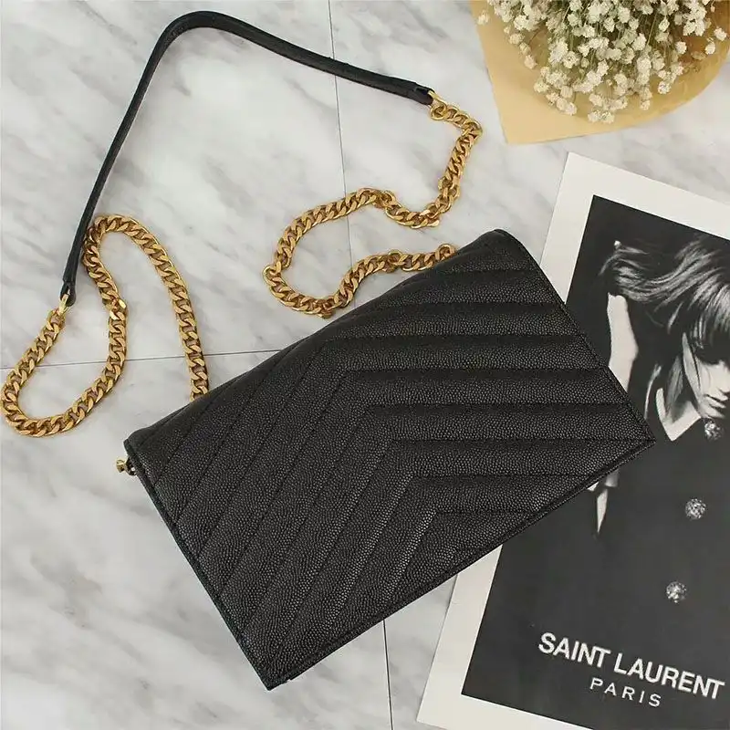 Cheap Saint Laurent Large Envelope Chain Wallet In Textured Matelasse Leather Black Gold 0128