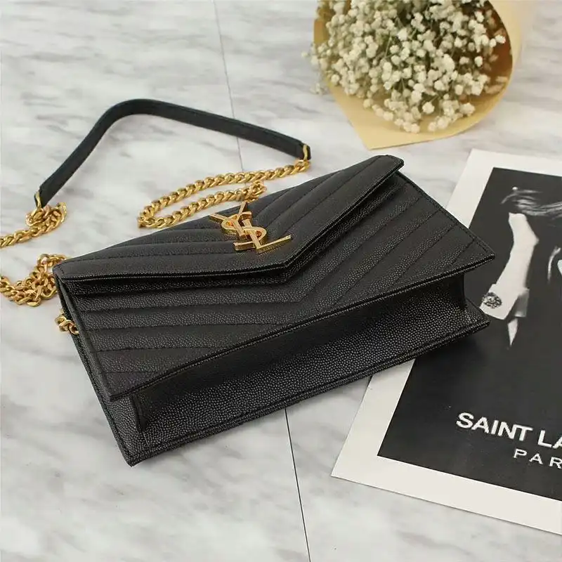 Cheap Saint Laurent Large Envelope Chain Wallet In Textured Matelasse Leather Black Gold 0128