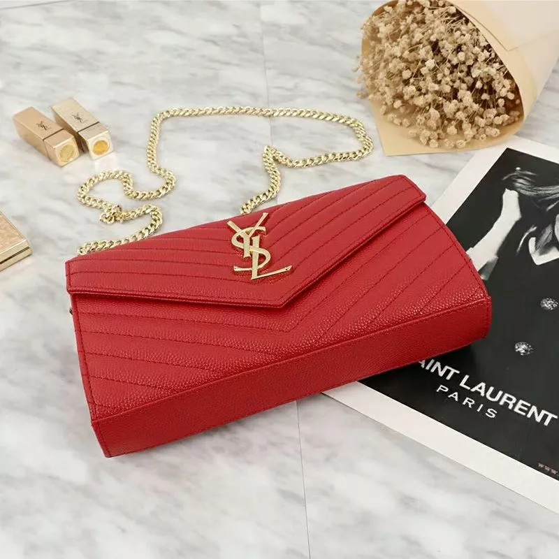 Cheap Saint Laurent Large Monogram Chain Wallet In Grained Matelasse Leather Red Gold 0112