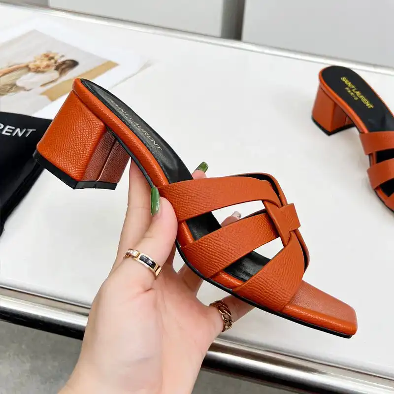 Cheap Saint Laurent Tribute Heeled Slides Women Grained Leather Orange 0124