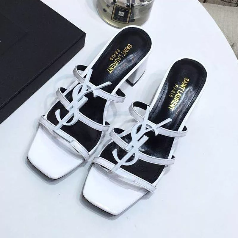 Saint Laurent Cassandra Heeled Slides Women Patent Leather White 0121