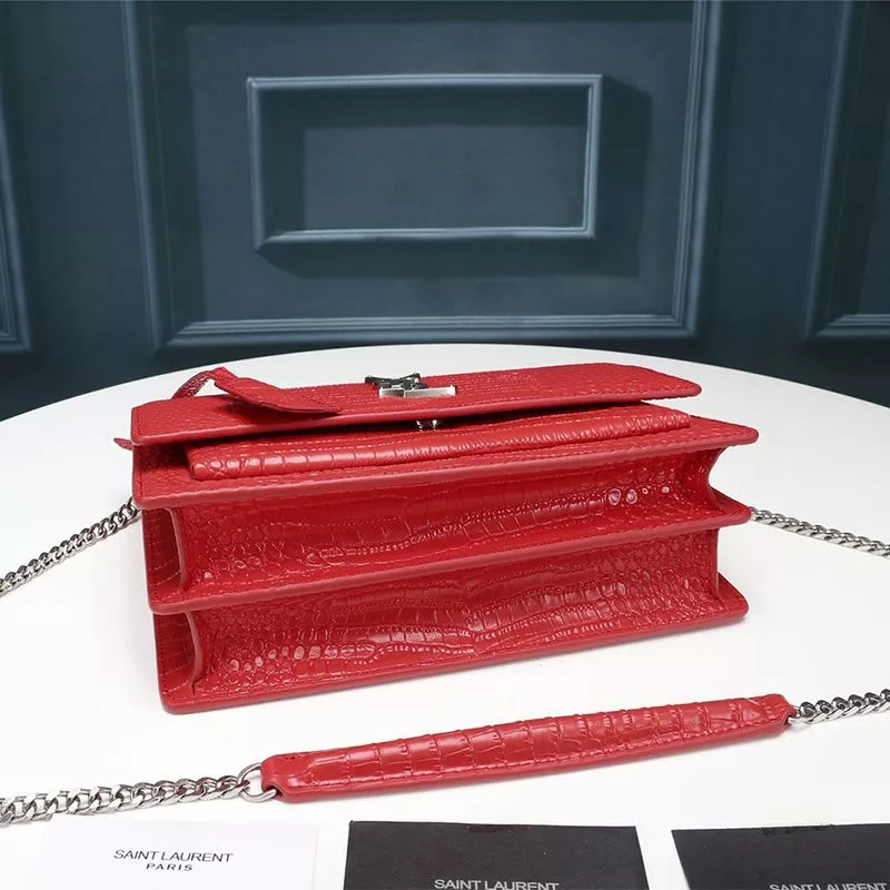 Cheap Saint Laurent Medium Sunset Chain Bag In Crocodile Embossed Leather Red Silver 0113