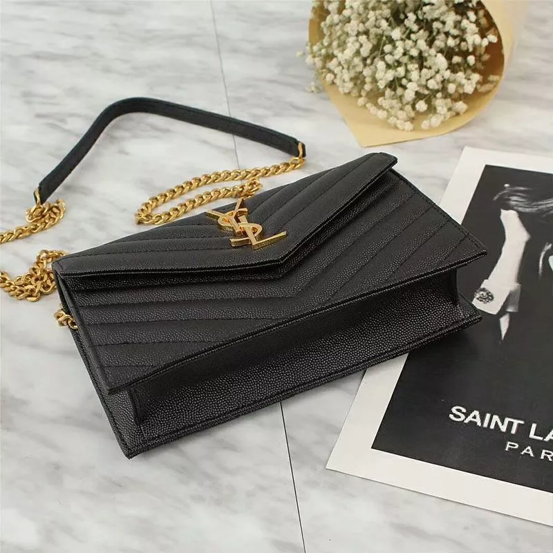 Cheap Saint Laurent Large Envelope Chain Wallet In Textured Matelasse Leather Black Gold 0116