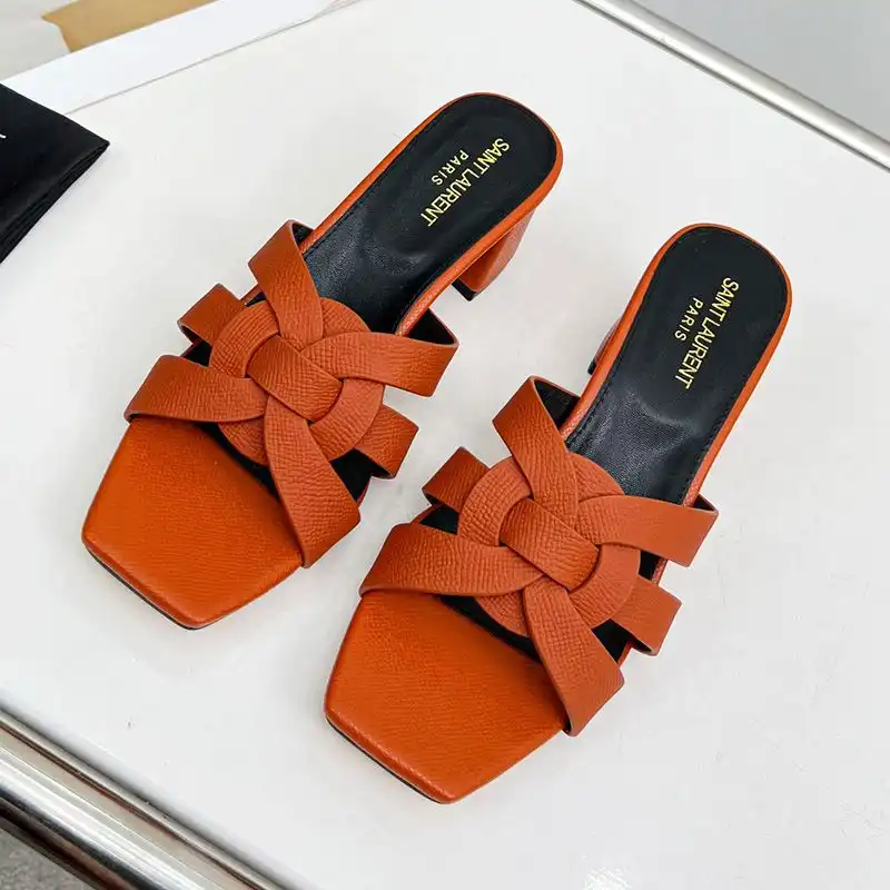 Cheap Saint Laurent Tribute Heeled Slides Women Grained Leather Orange 0124