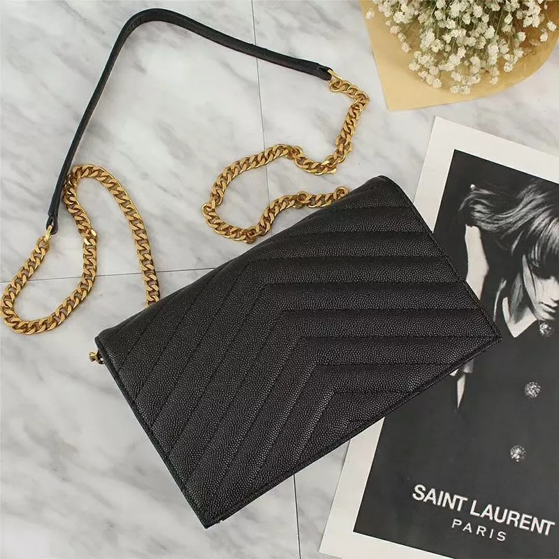 Cheap Saint Laurent Large Envelope Chain Wallet In Textured Matelasse Leather Black Gold 0116