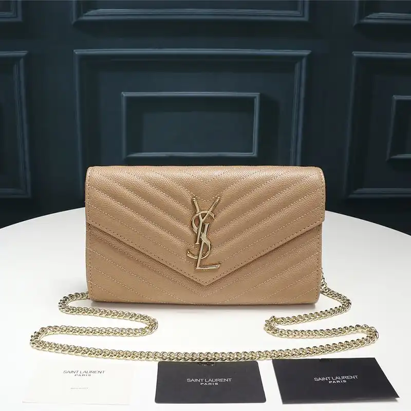 Cheap Saint Laurent Large Monogram Chain Wallet In Textured Matelasse Leather Apricot Gold 0128