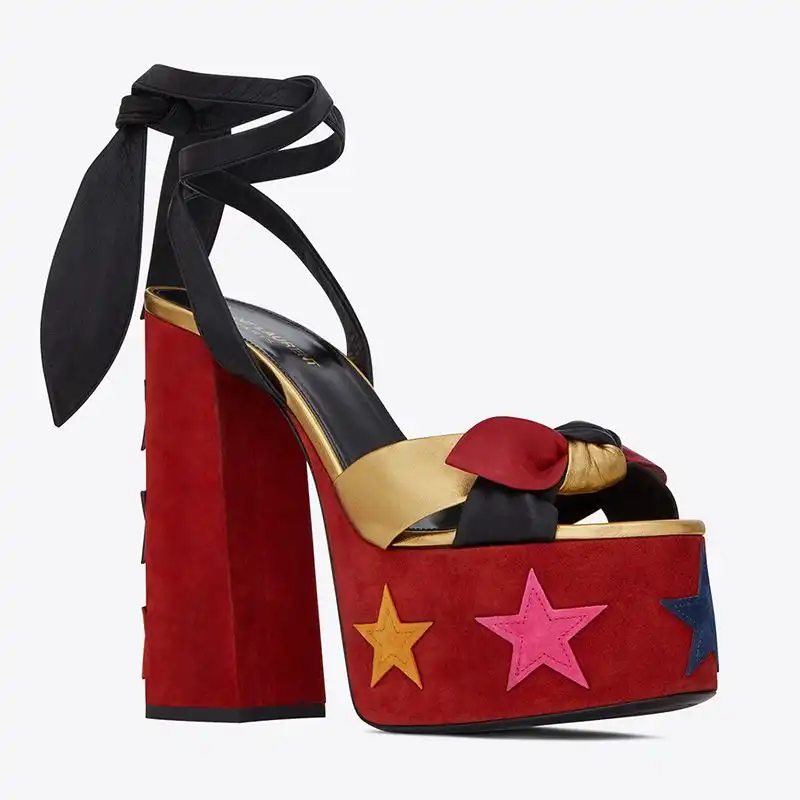 Cheap Saint Laurent Paige Platform Sandals Women Suede With Stars Patchwork Red 0127