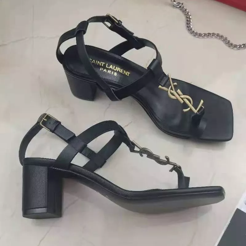 Cheap Saint Laurent Cassandra Heeled Sandals with Toehold Loop Women Smooth Leather Black Gold 0117