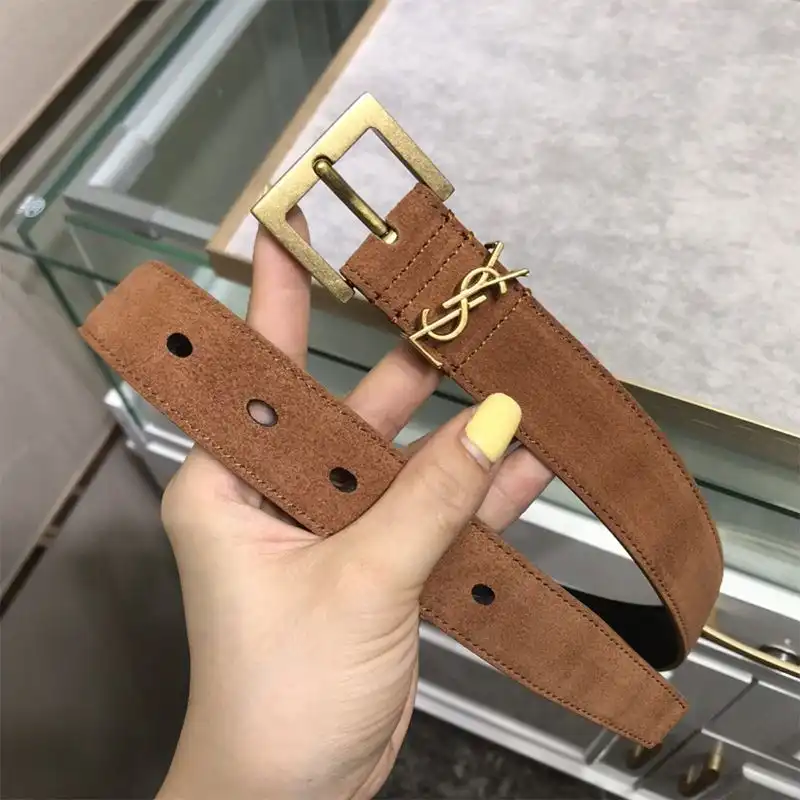 Saint Laurent Monogram Belt With Square Buckle In Suede Brown Gold 0122