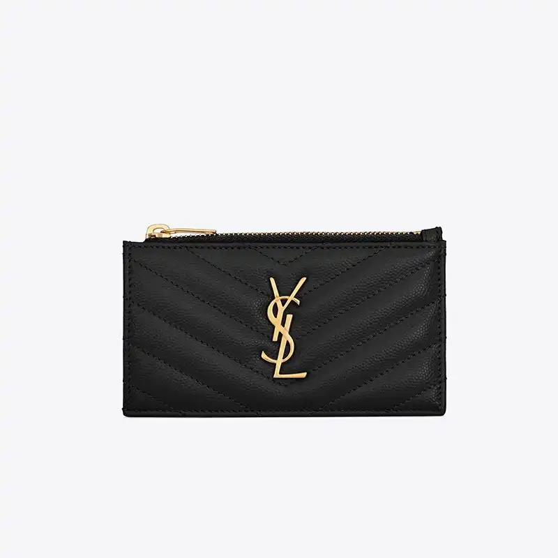 Cheap Saint Laurent Fragments Zipped Card Case In Grained Matelasse Leather Black Gold 0128