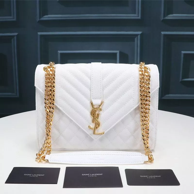 Saint Laurent Medium Envelope Chain Bag In Mixed Grained Matelasse Leather White Gold 0112