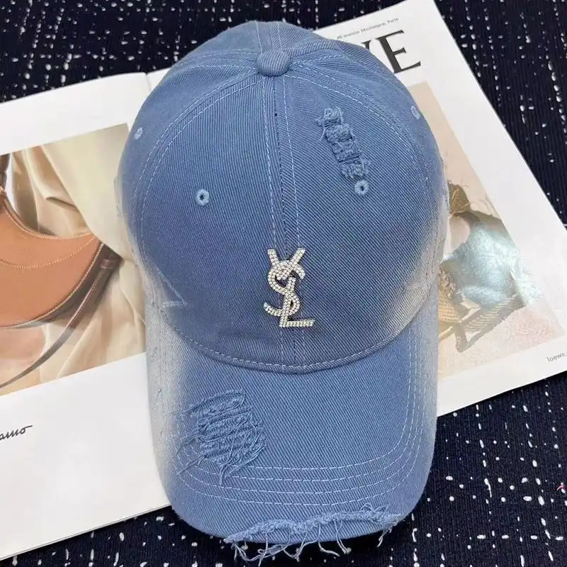 Saint Laurent Baseball Cap In Washed Denim with Cassandre Crystals Blue 0122