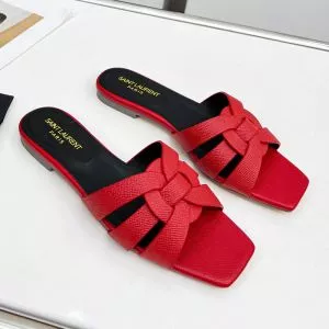 Saint Laurent Tribute Slides Women Grained Leather Red 0121