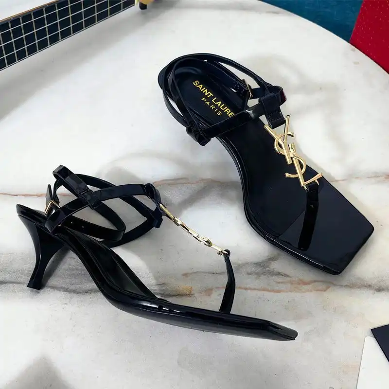 Saint Laurent Cassandra Kitten Sandals with T-Strap Women Patent Leather Black Gold 0123