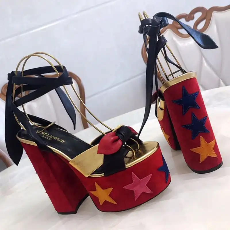 Cheap Saint Laurent Paige Platform Sandals Women Suede With Stars Patchwork Red 0127