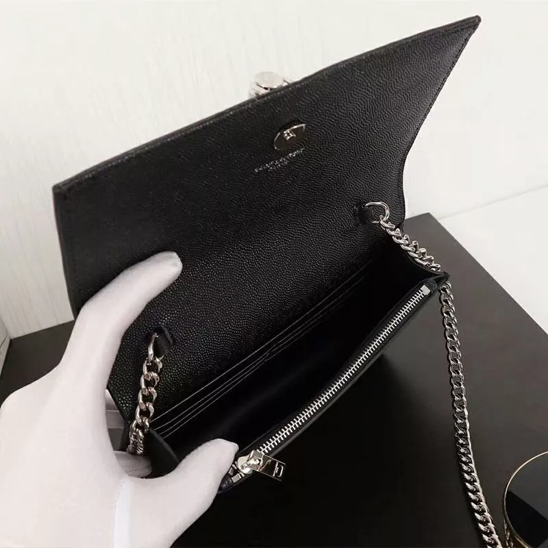 Cheap Saint Laurent Large Kate Chain Wallet with Tassel In Textured Leather Black Silver 0119