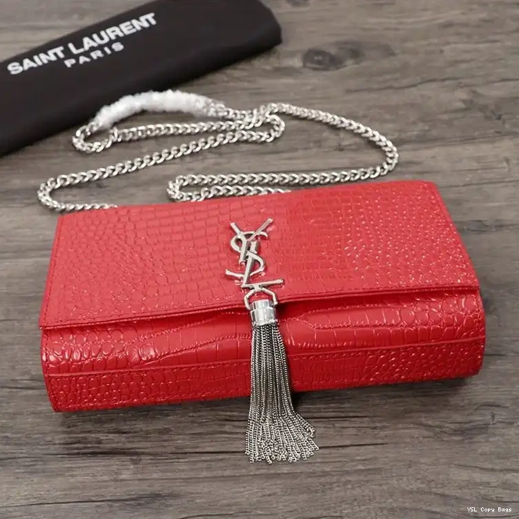 Cheap Crocodile Embossed Silver Red Shiny Tassel Chain Kate In Saint with Laurent Medium Bag Leather 0211