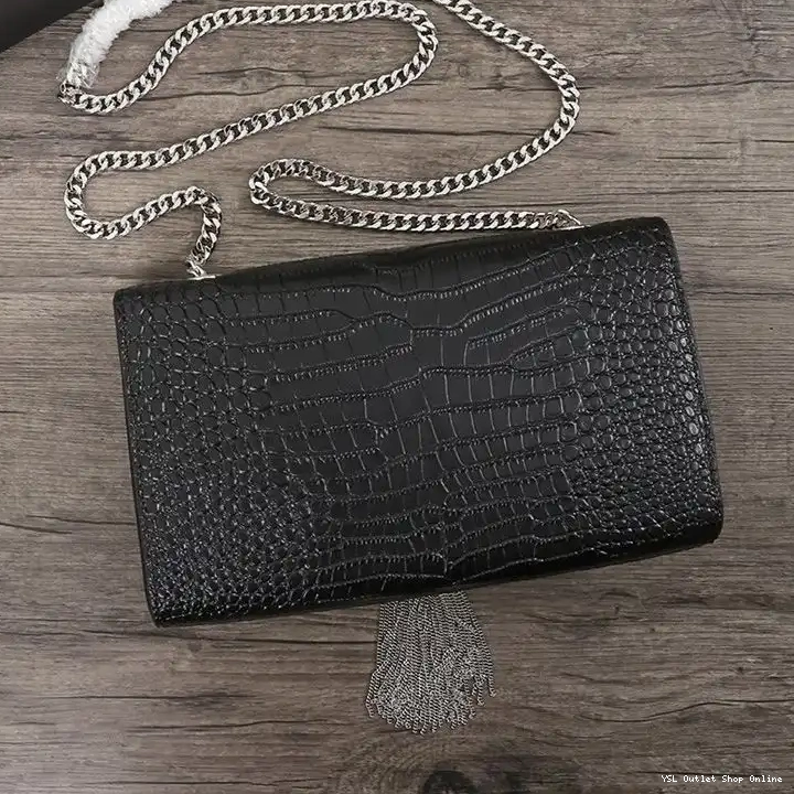 Cheap In Laurent Silver Saint Black Shiny Chain Leather Embossed Medium Bag Tassel Crocodile with Kate 0210