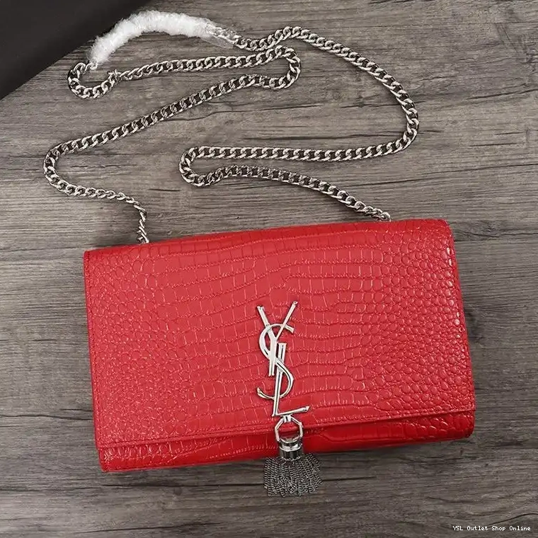 Cheap Red with Saint Laurent In Shiny Leather Silver Embossed Crocodile Chain Kate Medium Bag Tassel 0212