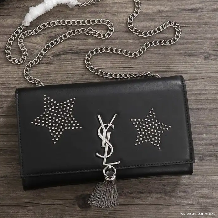 Cheap Leather Chain Saint Black In Bag Laurent Tassel with Studded Star Silver Medium Kate 0227