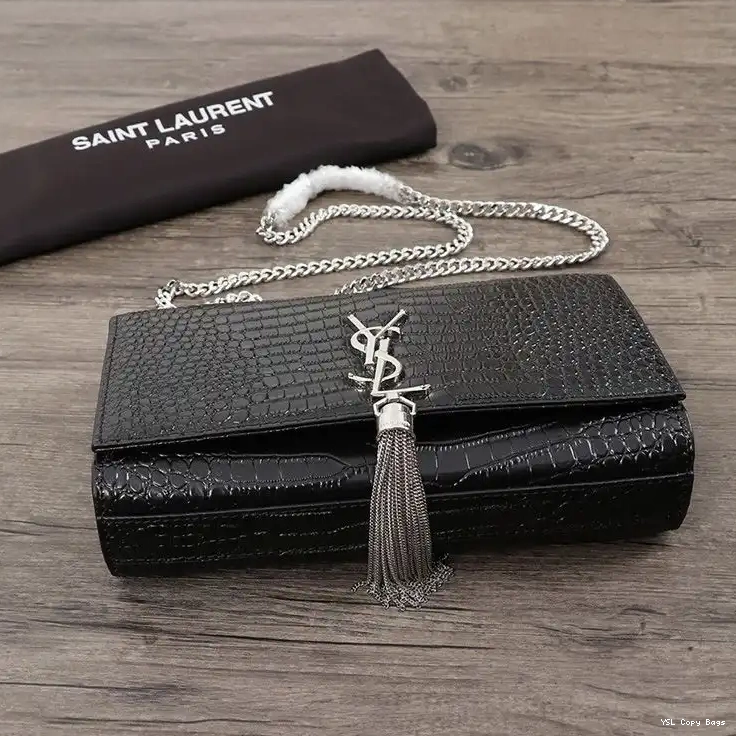 Cheap Crocodile Embossed Laurent Medium In Leather Black Kate Bag with Silver Tassel Chain Shiny Saint 0222