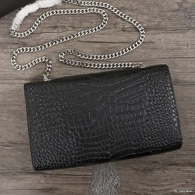 Cheap Crocodile Embossed Laurent Medium In Leather Black Kate Bag with Silver Tassel Chain Shiny Saint 0222