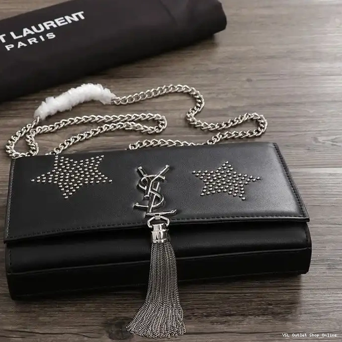 Cheap Leather Chain Saint Black In Bag Laurent Tassel with Studded Star Silver Medium Kate 0227