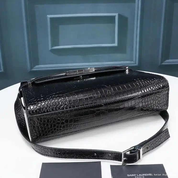 Cheap Shiny Silver Bag Laurent Saint Shoulder Manhattan Black Crocodile-Embossed Leather In 0215