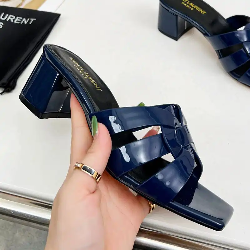 Cheap Saint Laurent Tribute Heeled Slides Women Patent Leather Navy Blue 0206