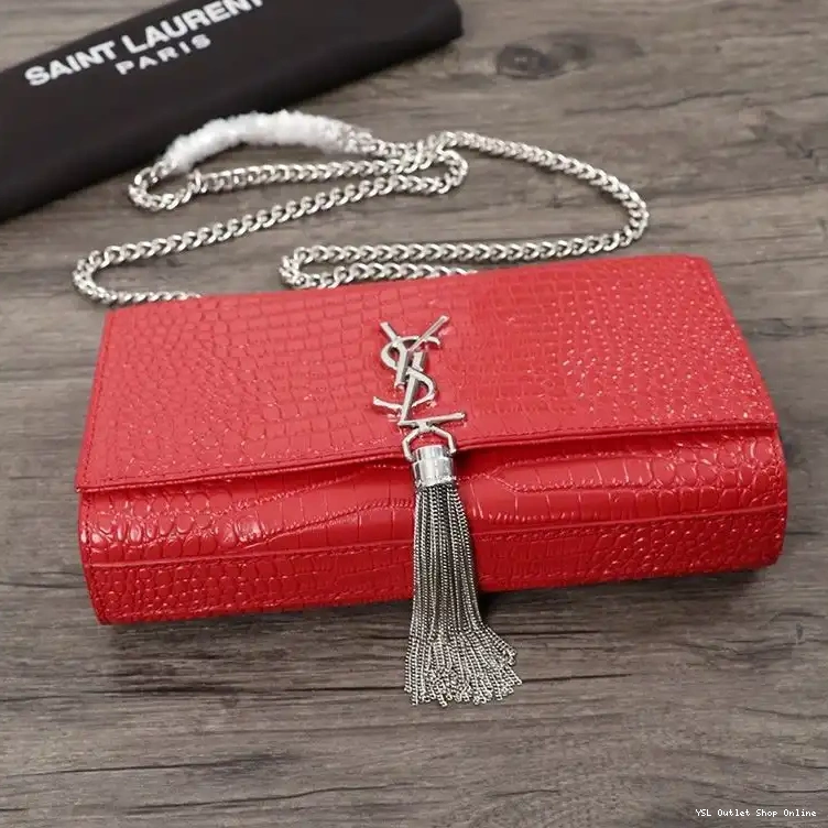 Cheap Red with Saint Laurent In Shiny Leather Silver Embossed Crocodile Chain Kate Medium Bag Tassel 0212