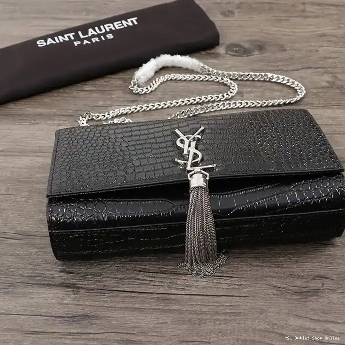 Cheap In Laurent Silver Saint Black Shiny Chain Leather Embossed Medium Bag Tassel Crocodile with Kate 0210